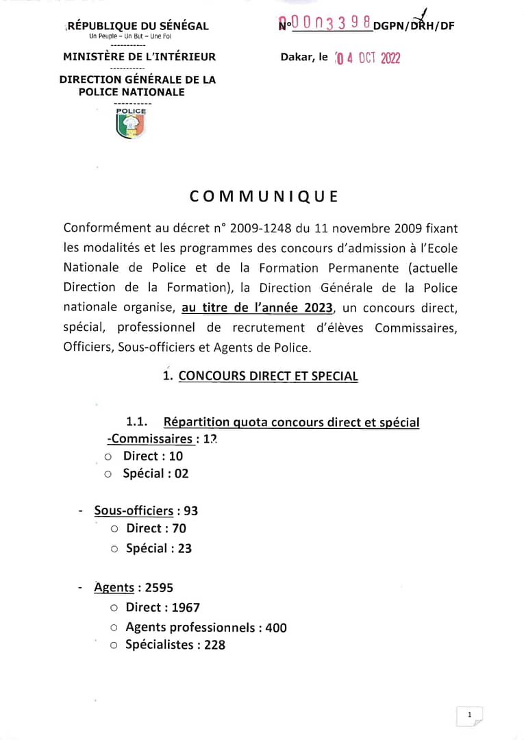COMMUNIQUE PORANT OUVERTURE CONCOURS AU TITRE DE LANNEE 2023 01