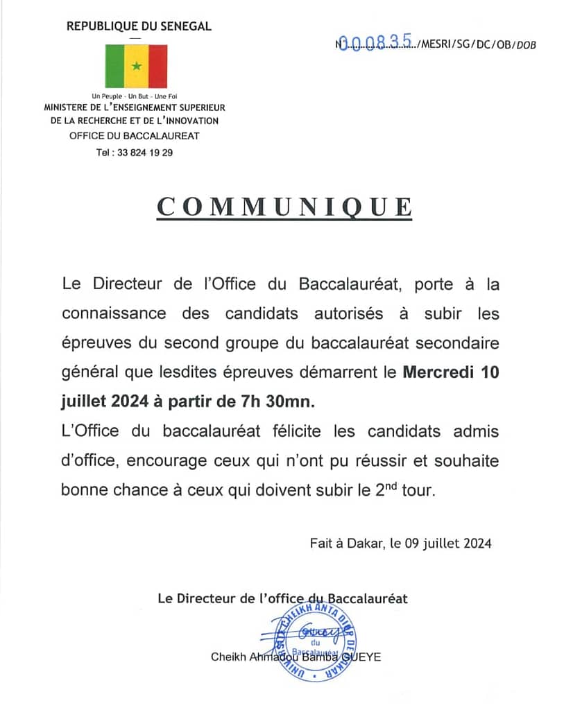 🇸🇳 Communiqué de l'Office du Baccalauréat : Démarrage des Épreuves du Second Groupe 2 WhatsApp Image 2024 07 09 a 11.52.05 0ea0209c