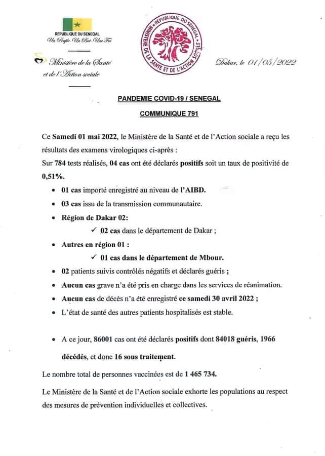 🇸🇳 COVID-19 Sénégal : Communiqué 791/01 Mai 2 1651403559157 2
