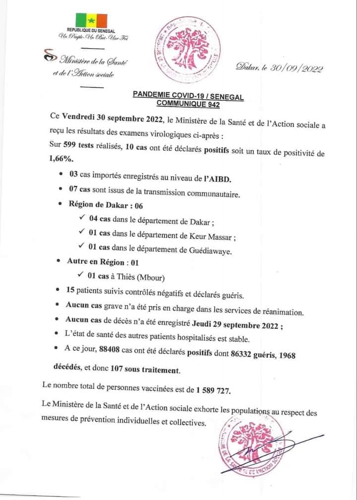 🇸🇳 COVID-19 Sénégal : Communiqué 942/30 Septembre 2022 2 FB IMG 1664537858965